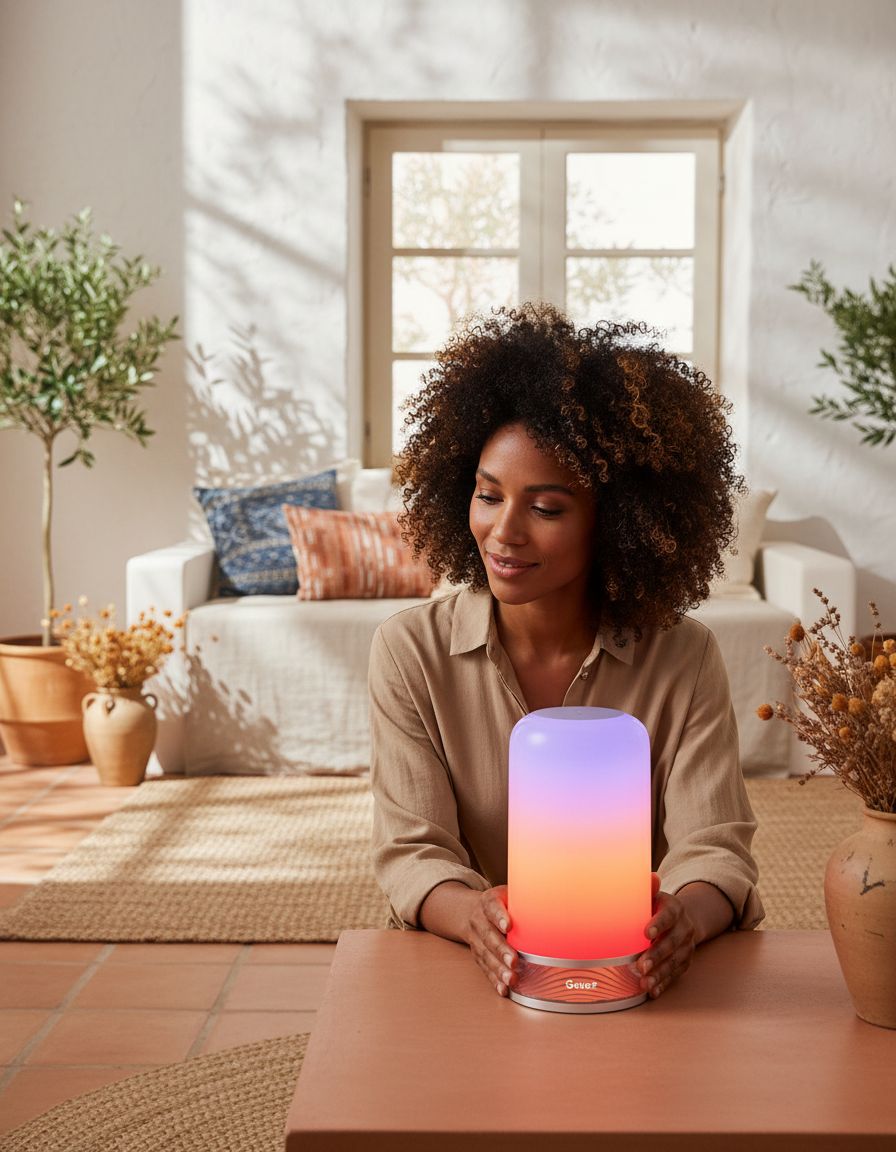 [Color] smart table lamp with touch control and glass diffuser, shown on bedroom nightstand — view 2