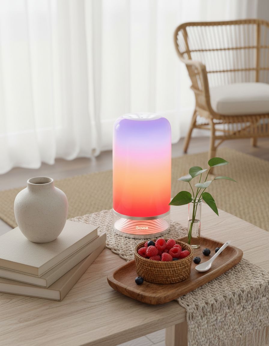 [Color] smart table lamp with touch control and glass diffuser, shown on bedroom nightstand — view 3a