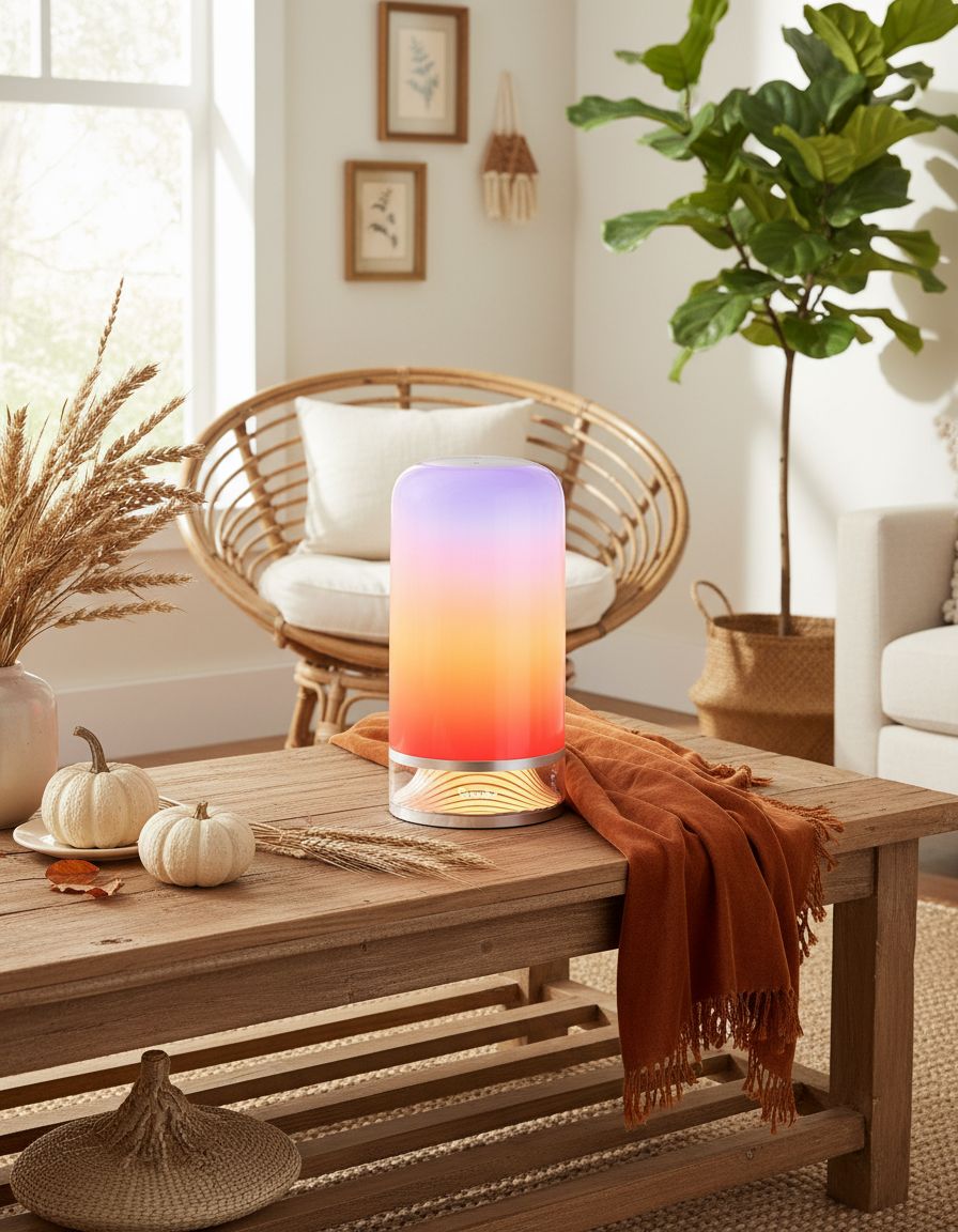 [Color] smart table lamp with touch control and glass diffuser, shown on bedroom nightstand — view 4