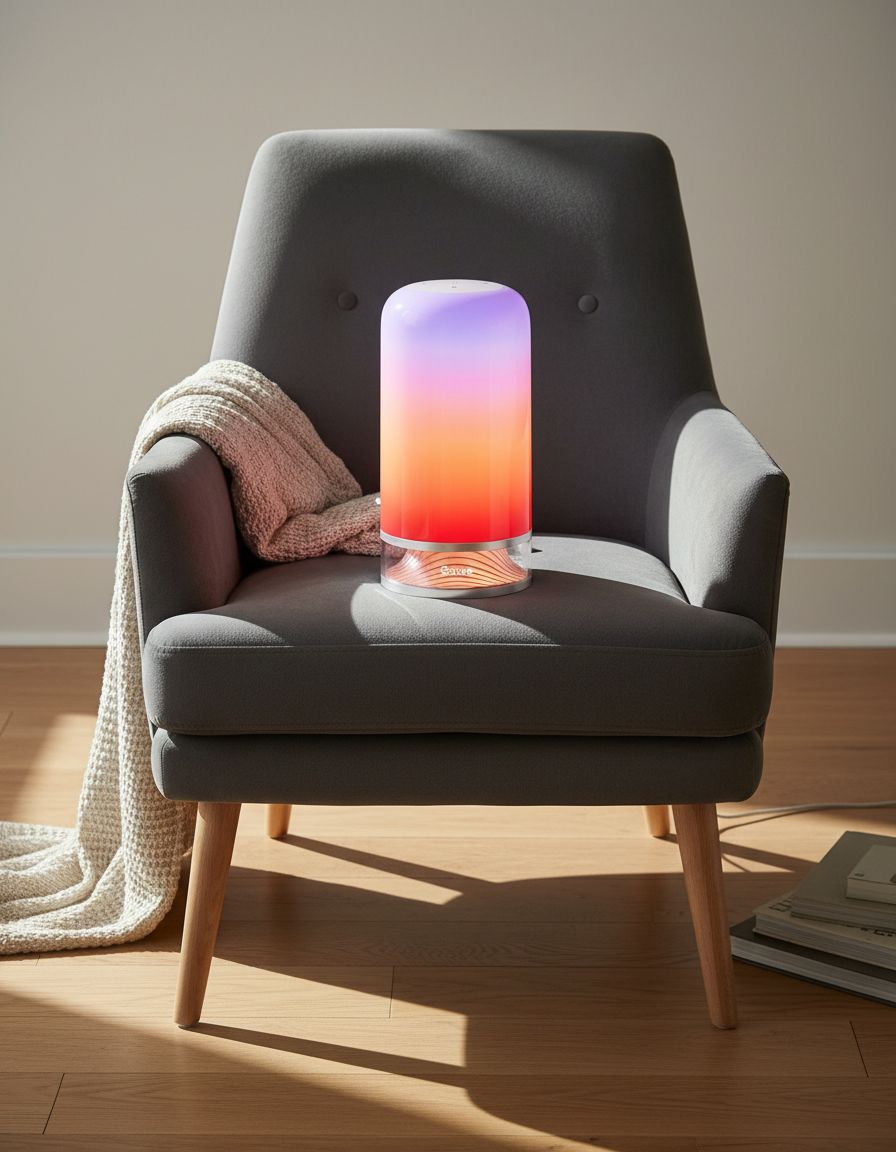 [Color] smart table lamp with touch control and glass diffuser, shown on bedroom nightstand — view 5a