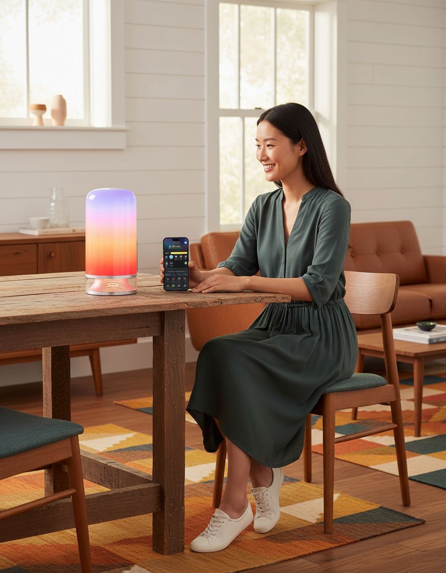 [Color] smart table lamp with touch control and glass diffuser, shown on bedroom nightstand — view 6