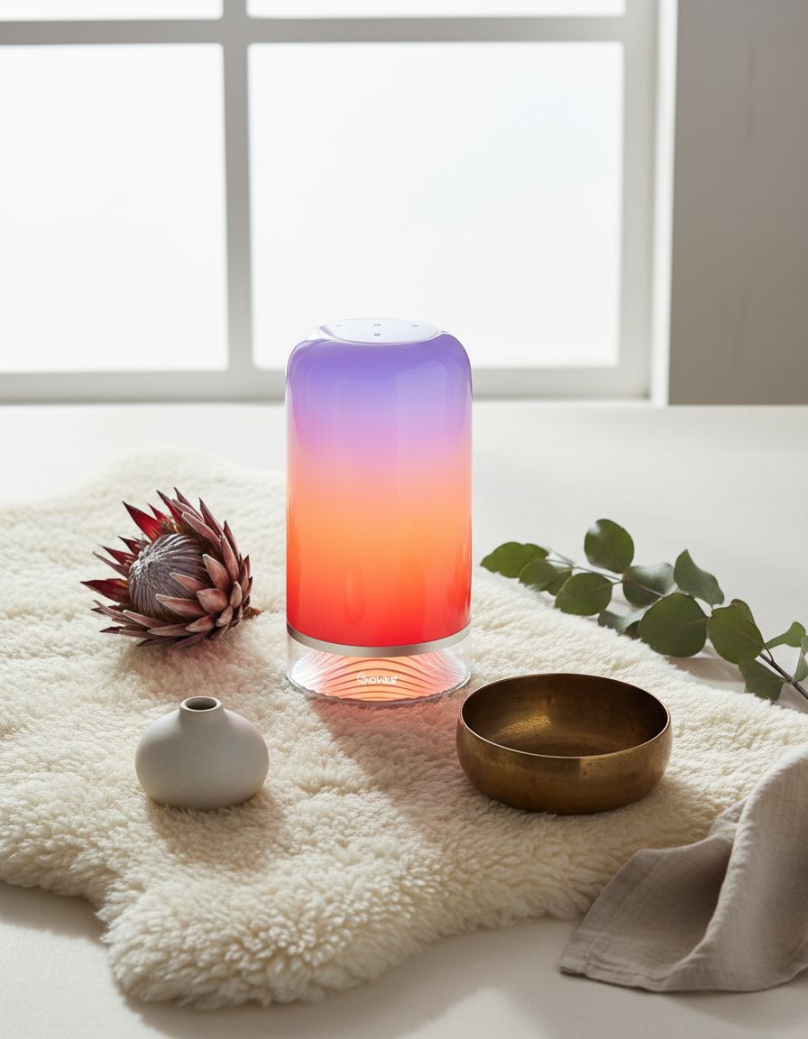 [Color] smart table lamp with touch control and glass diffuser, shown on bedroom nightstand — hero view 2