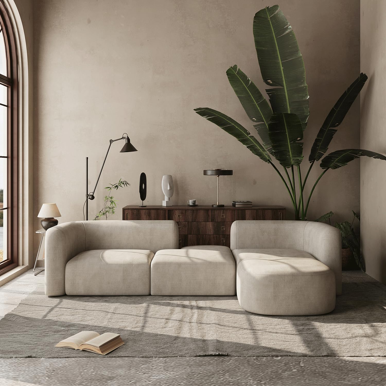 [Color] velvet [form factor] with curved back and wood frame, [angle view] for modern minimalist living room — view 1
