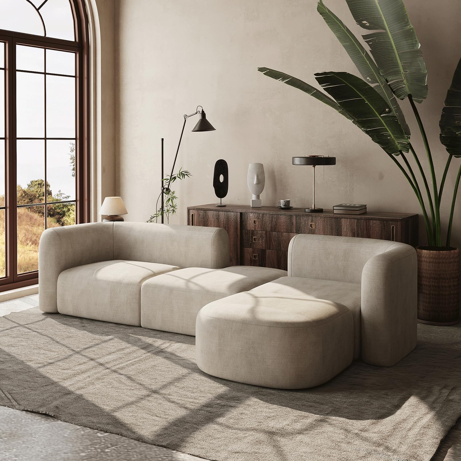 [Color] velvet [form factor] with curved back and wood frame, [angle view] for modern minimalist living room — view 3
