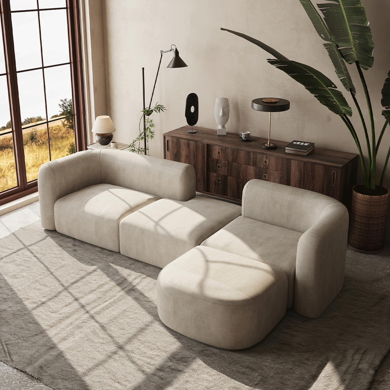 [Color] velvet [form factor] with curved back and wood frame, [angle view] for modern minimalist living room — view 4