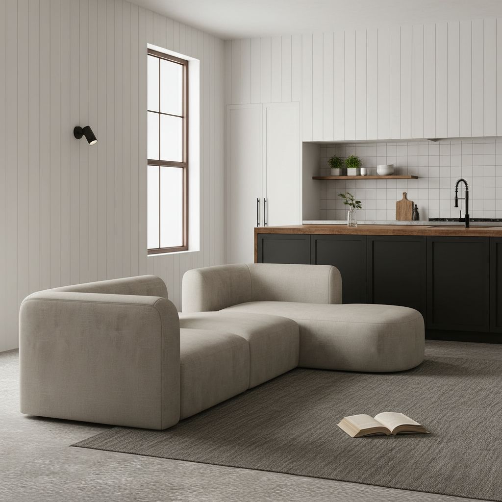 [Color] velvet [form factor] with curved back and wood frame, [angle view] for modern minimalist living room — view 5b