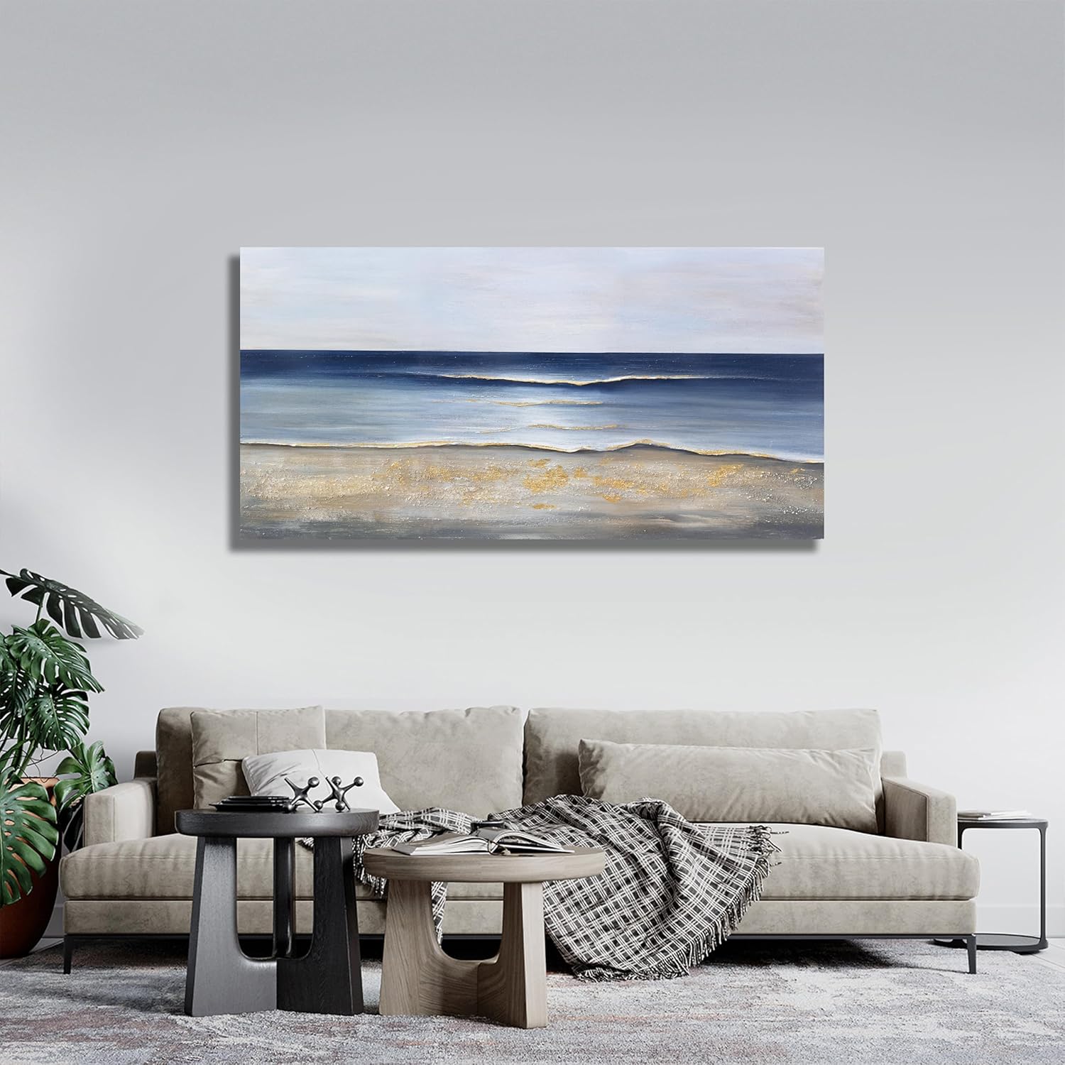 Large canvas wall art with cool blue and gold accents in modern farmhouse style, displayed in living room setting — view 2