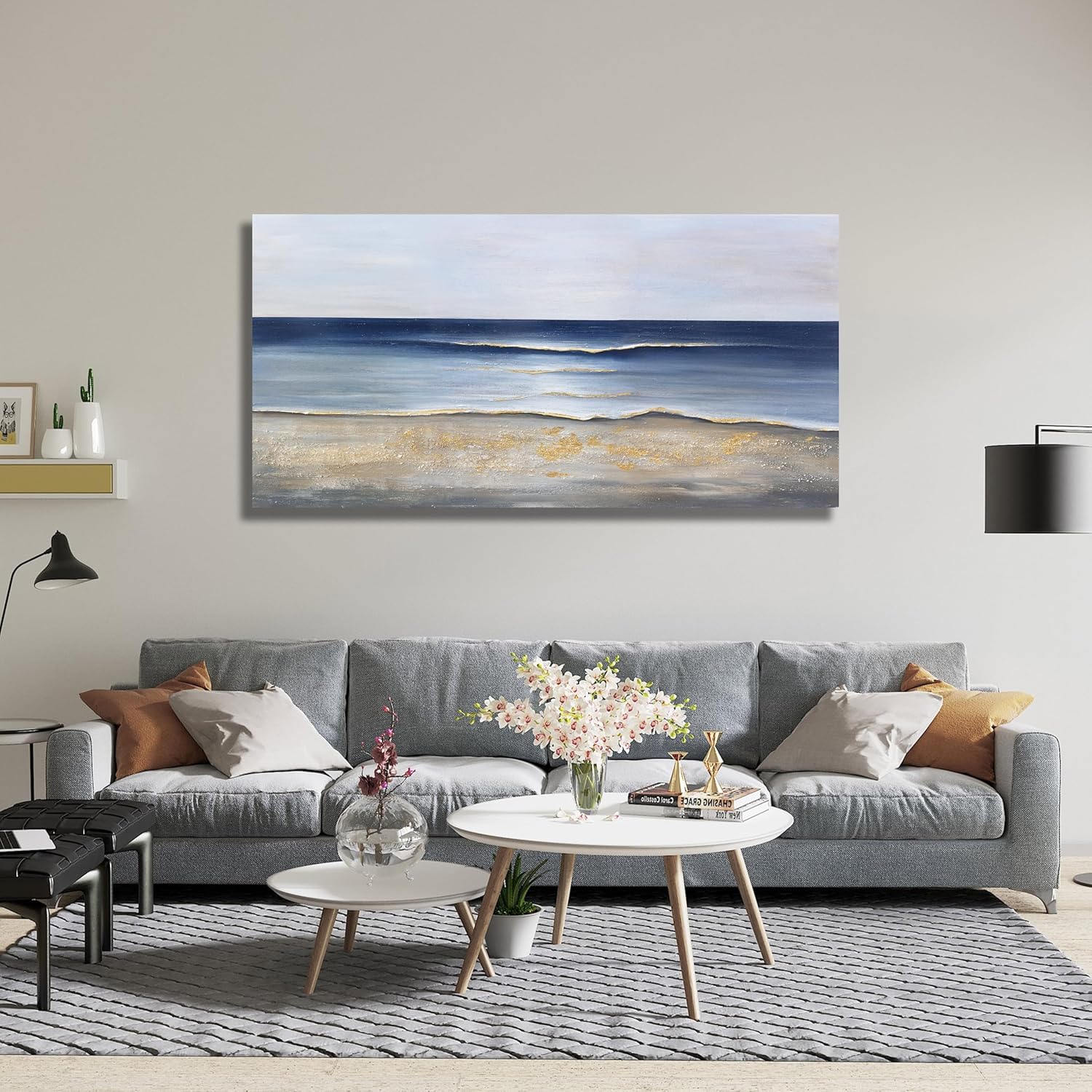 Large canvas wall art with cool blue and gold accents in modern farmhouse style, displayed in living room setting — view 3