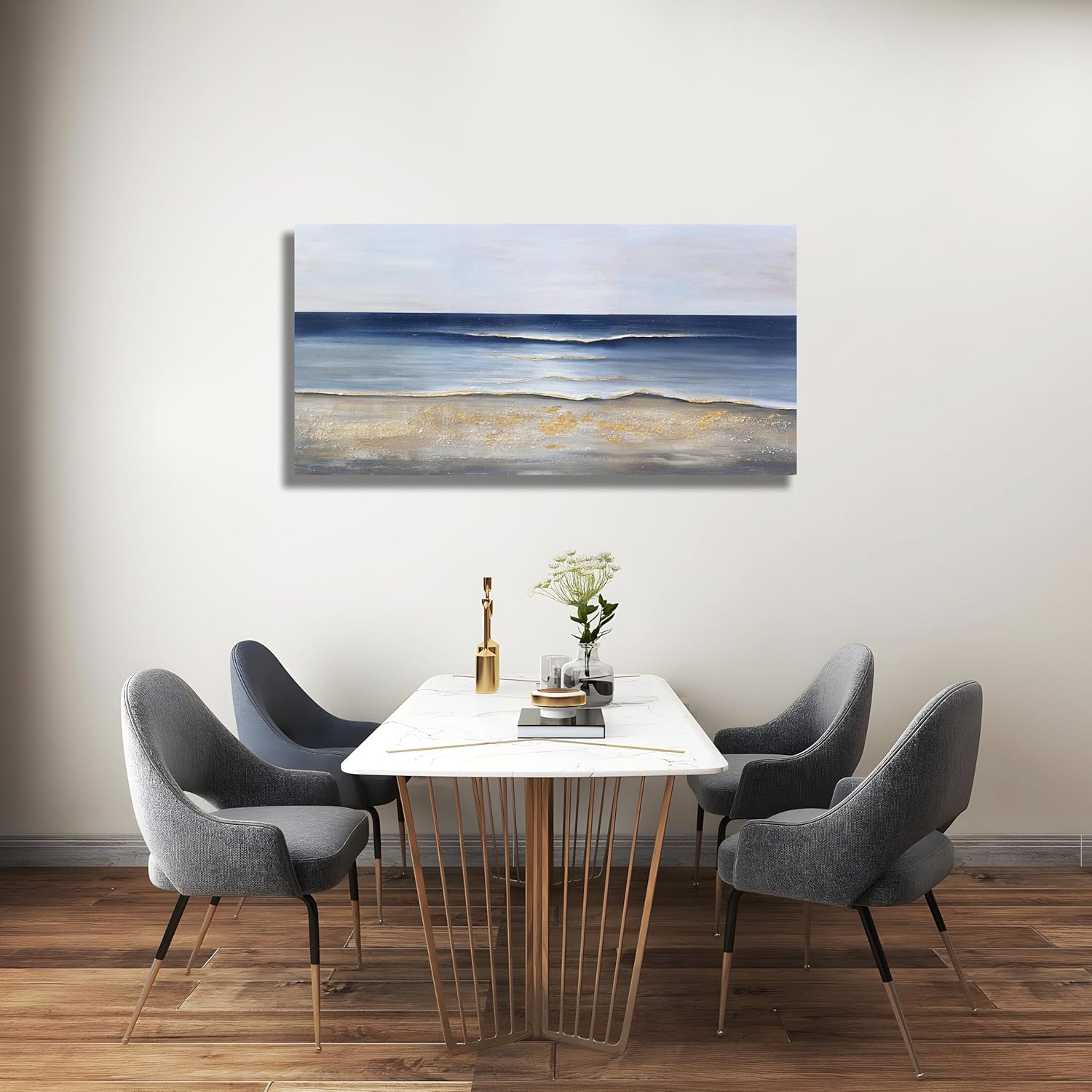 Large canvas wall art with cool blue and gold accents in modern farmhouse style, displayed in living room setting — view 4