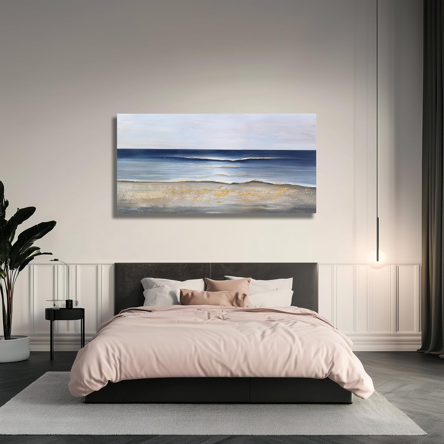 Large canvas wall art with cool blue and gold accents in modern farmhouse style, displayed in living room setting — view 2