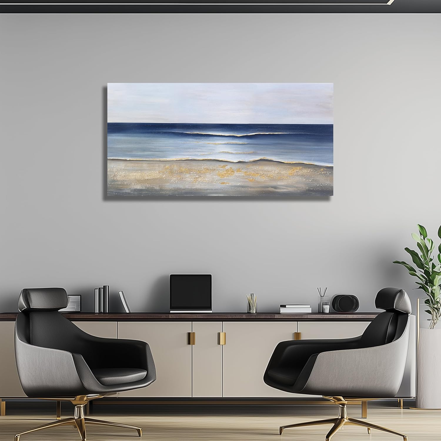 Large canvas wall art with cool blue and gold accents in modern farmhouse style, displayed in living room setting — view 3