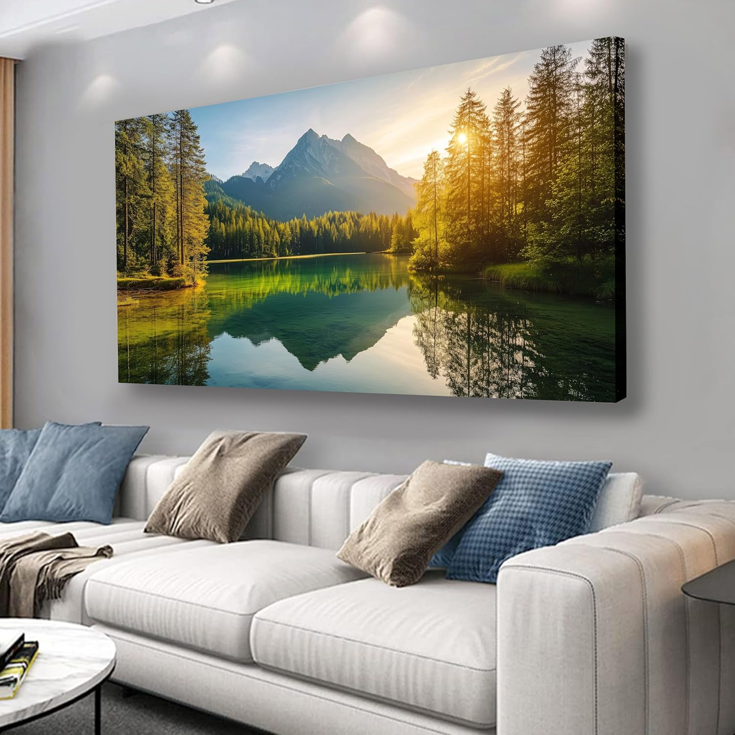 Large canvas wall art with cool blue and gold accents in modern farmhouse style, displayed in living room setting — view 4