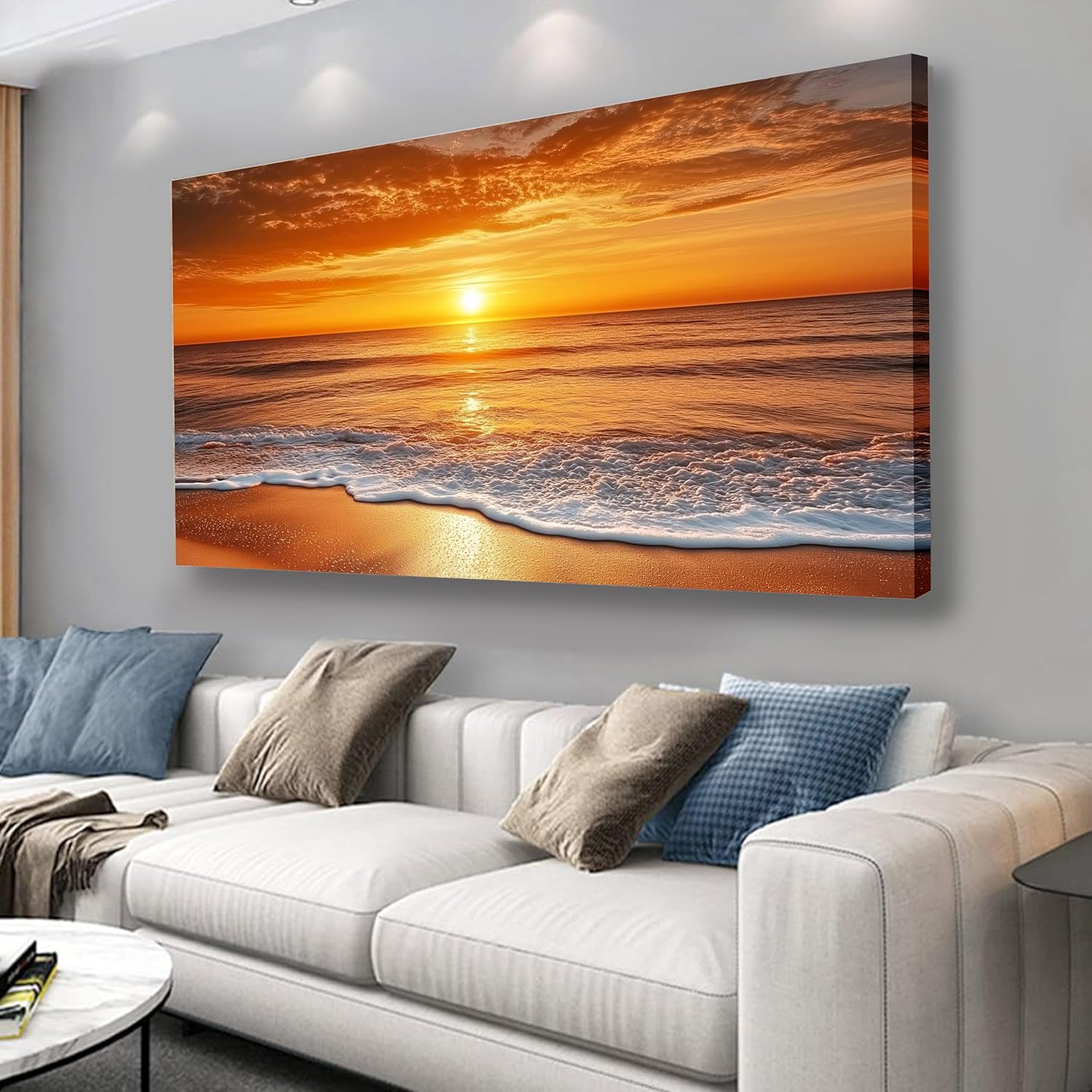 Large canvas wall art with cool blue and gold accents in modern farmhouse style, displayed in living room setting — view 5