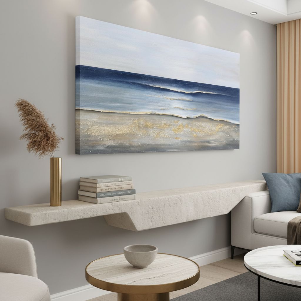 Large canvas wall art with cool blue and gold accents in modern farmhouse style, displayed in living room setting — view 5b