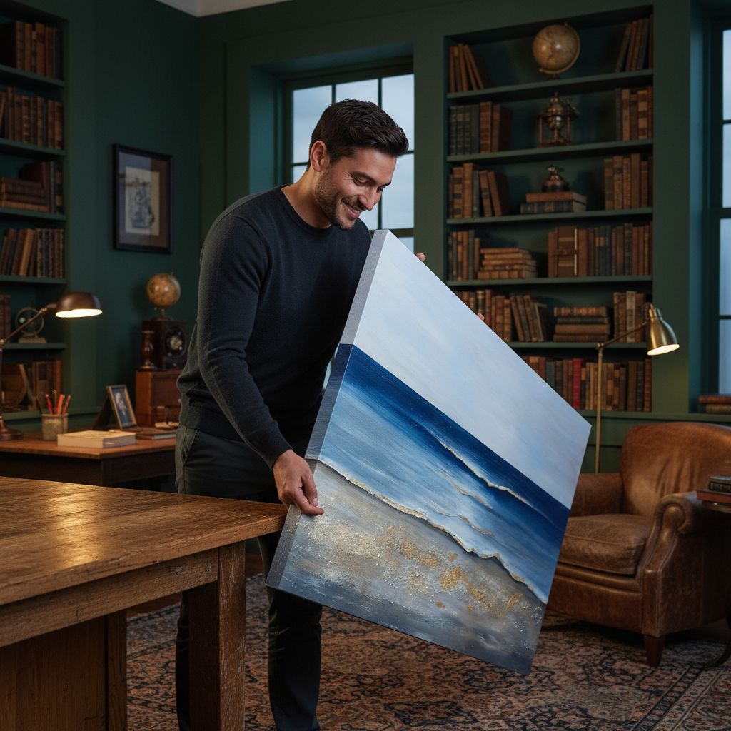 Large canvas wall art with cool blue and gold accents in modern farmhouse style, displayed in living room setting — view 2