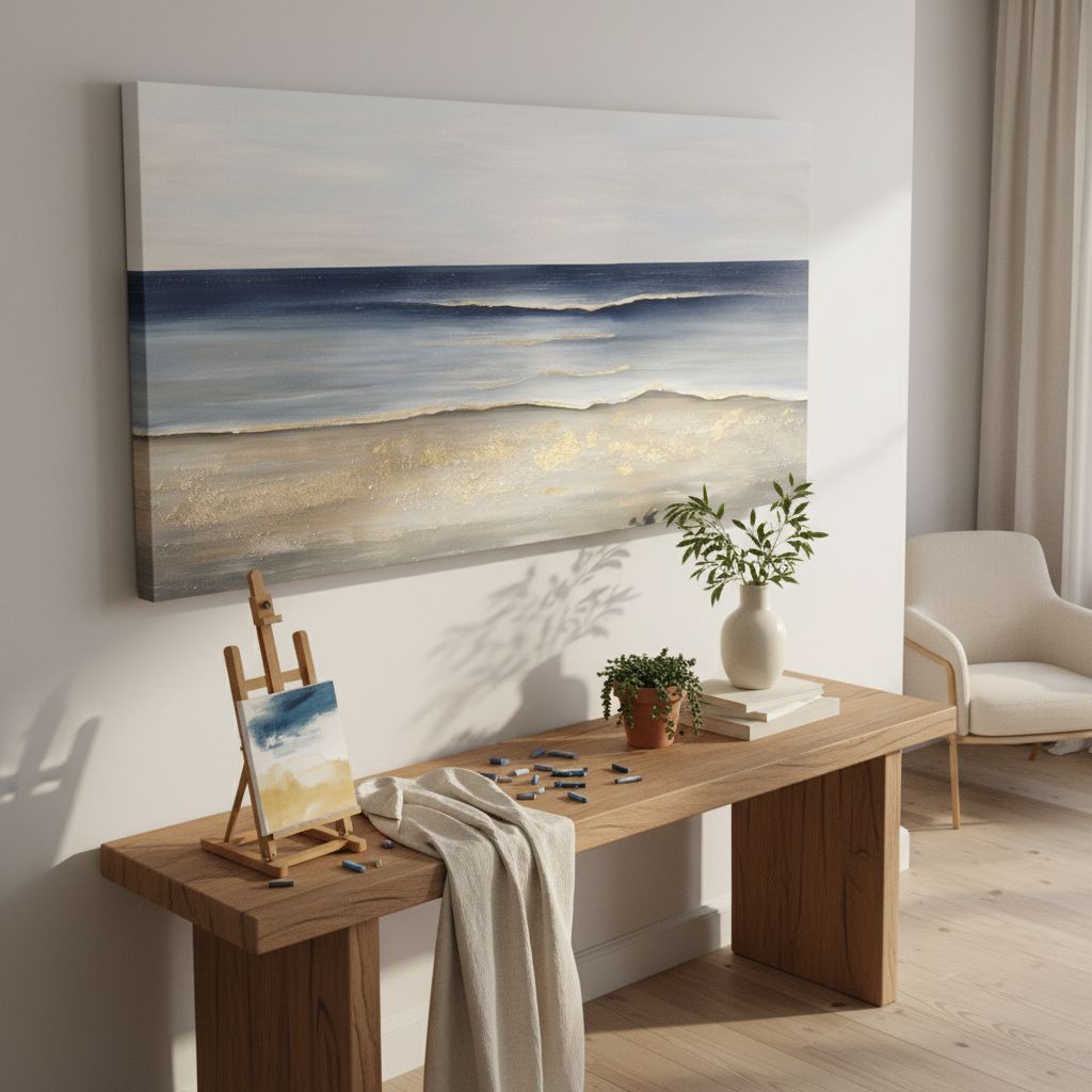 Large canvas wall art with cool blue and gold accents in modern farmhouse style, displayed in living room setting — view 3a