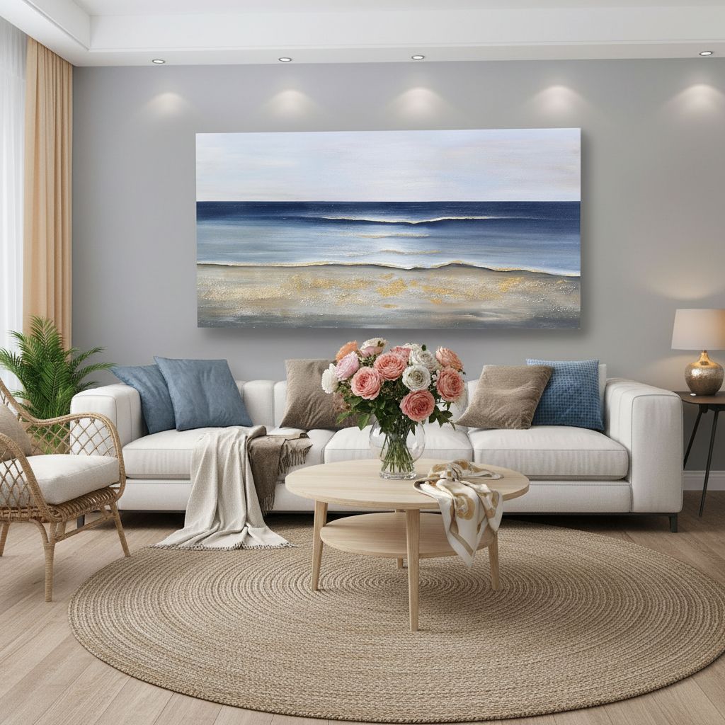 Large canvas wall art with cool blue and gold accents in modern farmhouse style, displayed in living room setting — view 4