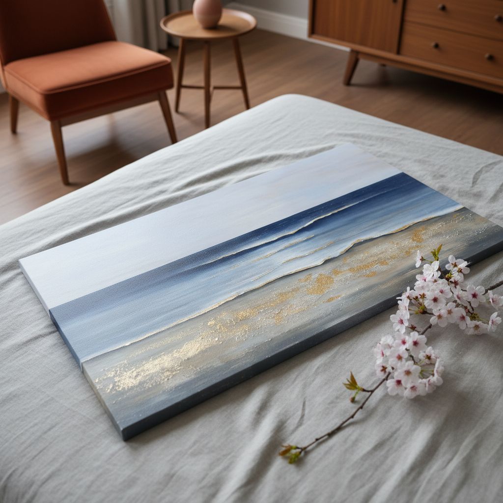Large canvas wall art with cool blue and gold accents in modern farmhouse style, displayed in living room setting — view 5a