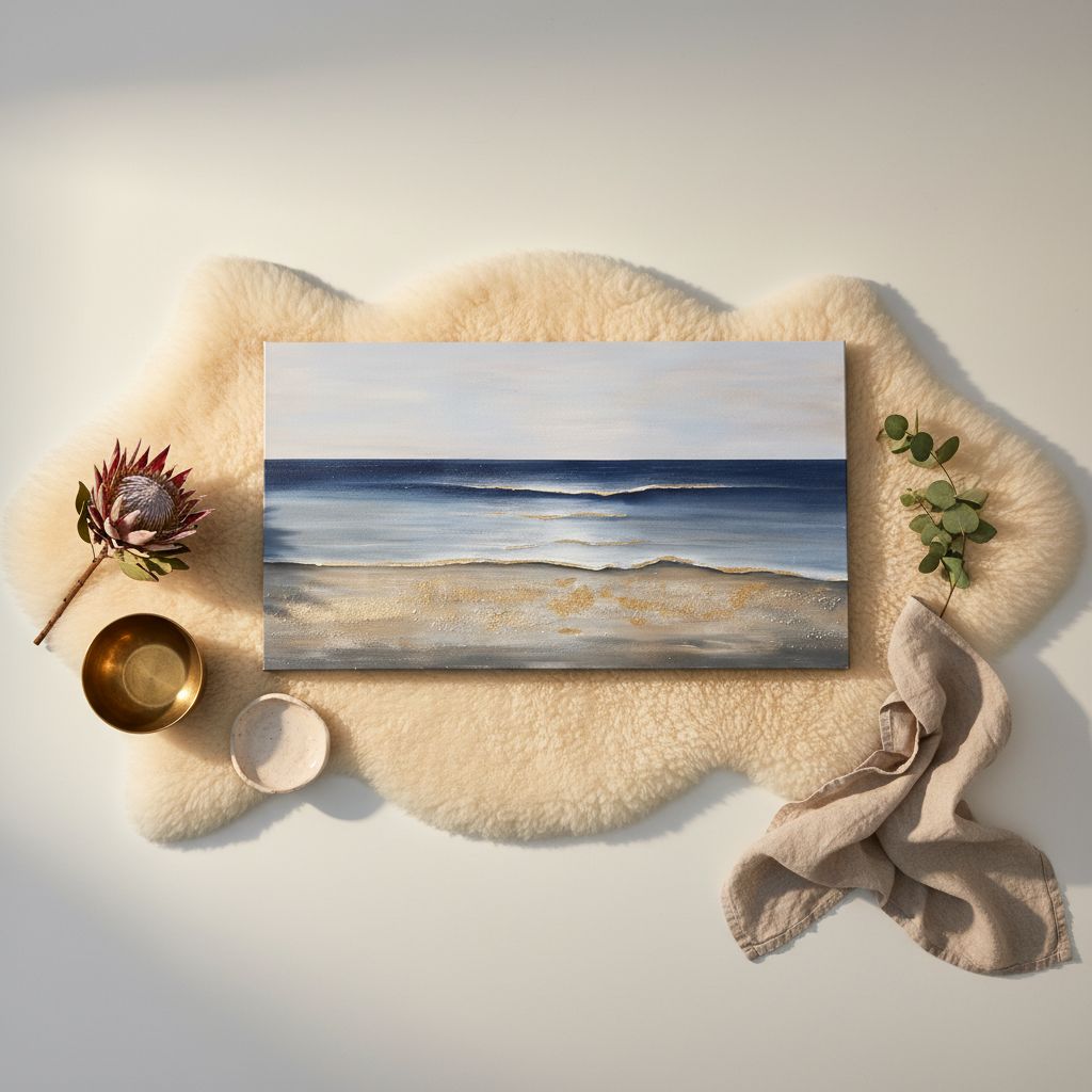 Large canvas wall art with cool blue and gold accents in modern farmhouse style, displayed in living room setting — hero view 2