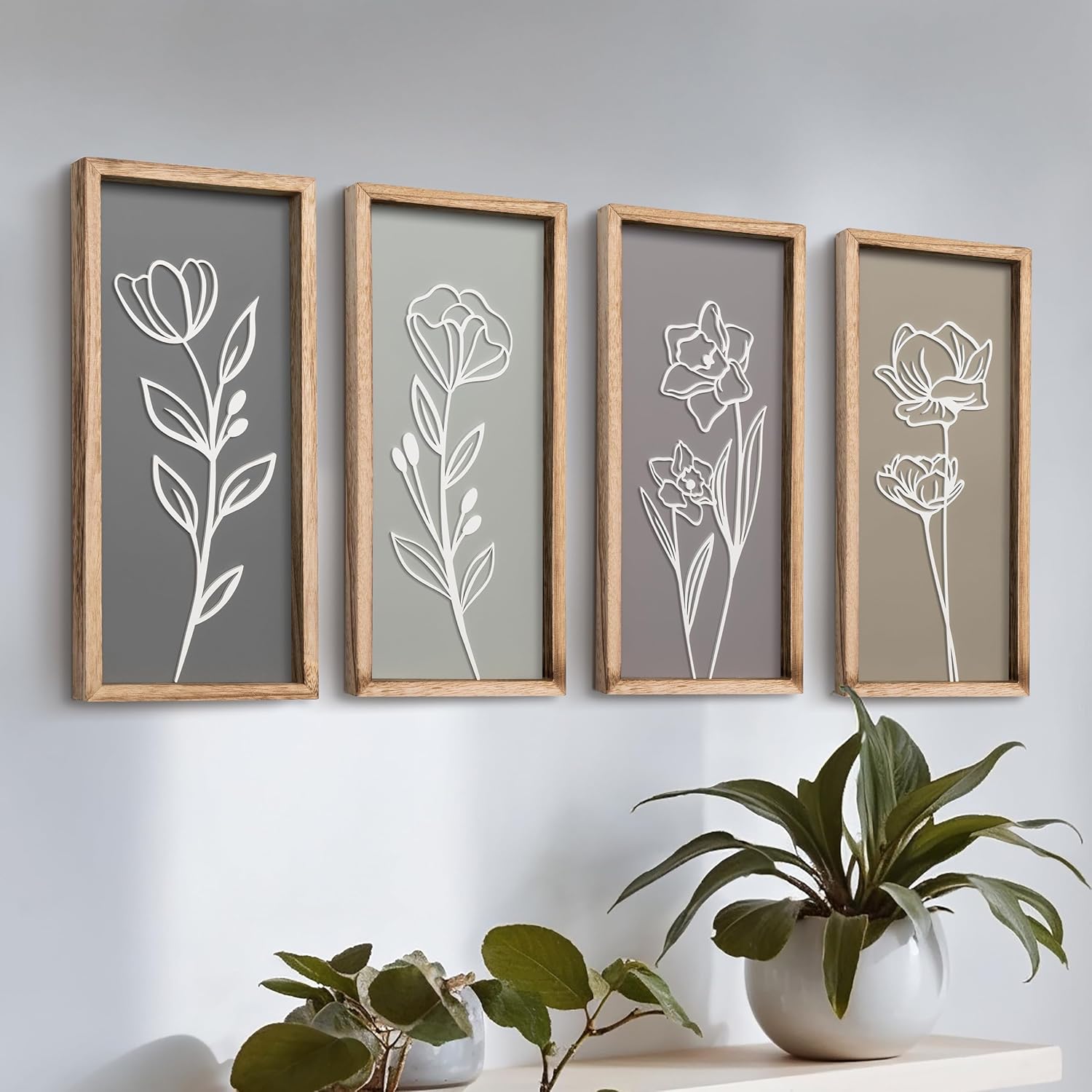 Set of four 3D wooden floral wall sculptures in warm earth tones with frame, ready-to-hang boho botanical wall art — view 1