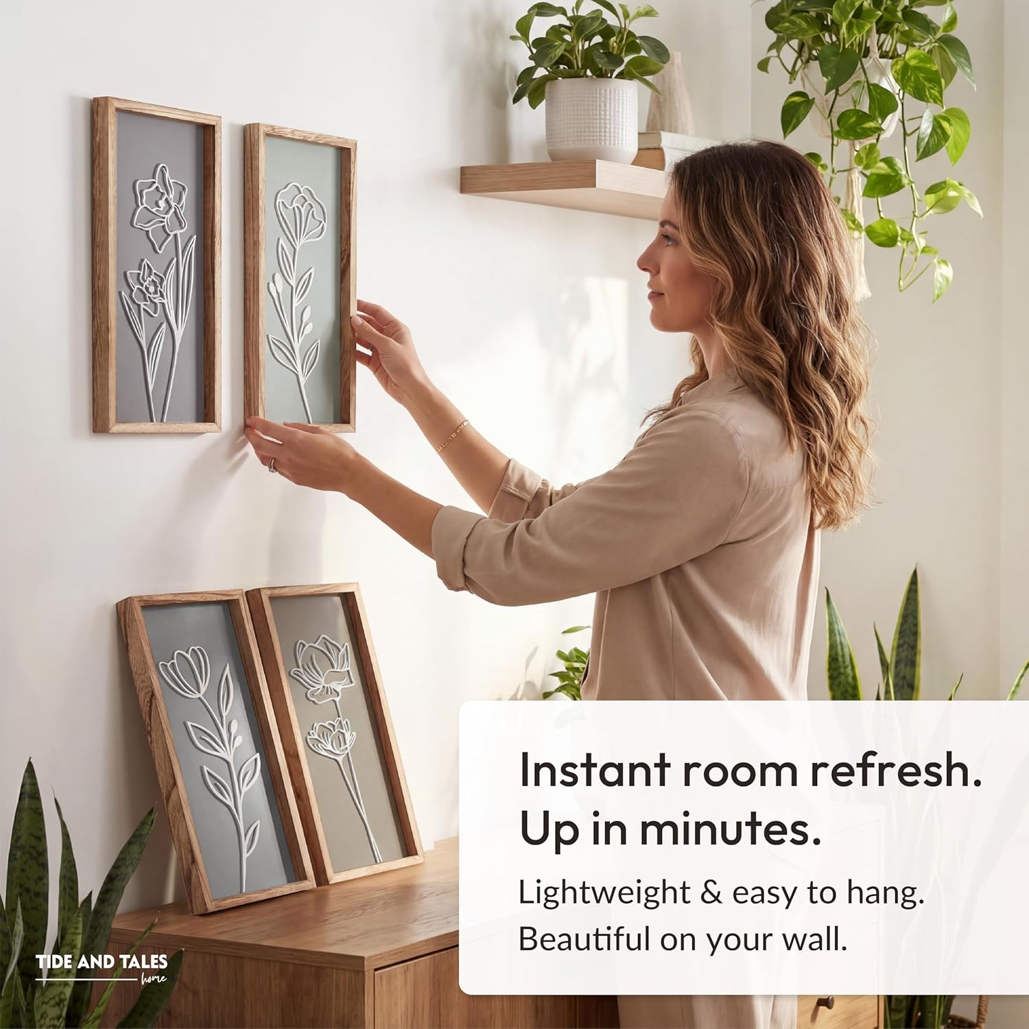 Set of four 3D wooden floral wall sculptures in warm earth tones with frame, ready-to-hang boho botanical wall art — view 2