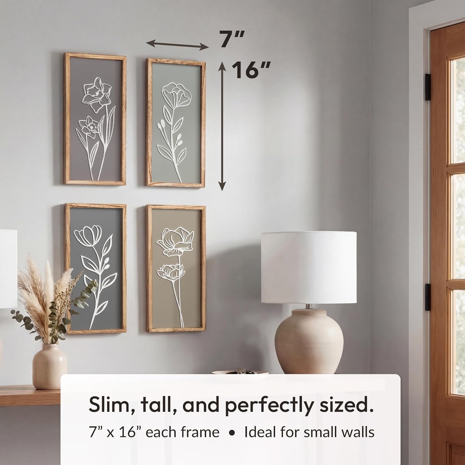 Set of four 3D wooden floral wall sculptures in warm earth tones with frame, ready-to-hang boho botanical wall art — view 3