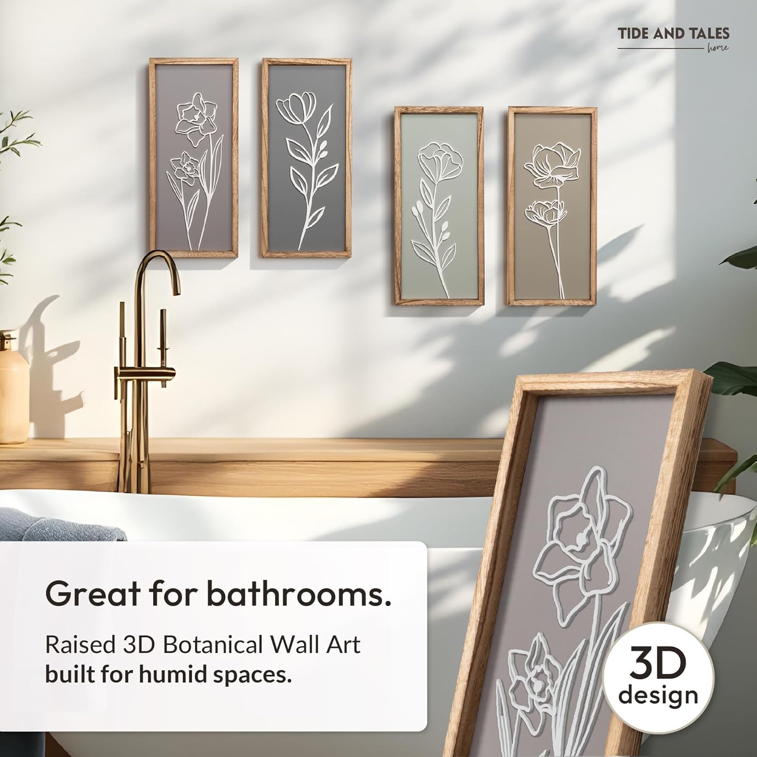 Set of four 3D wooden floral wall sculptures in warm earth tones with frame, ready-to-hang boho botanical wall art — view 4