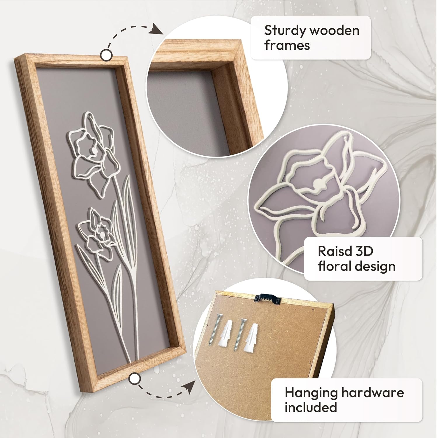 Set of four 3D wooden floral wall sculptures in warm earth tones with frame, ready-to-hang boho botanical wall art — view 3