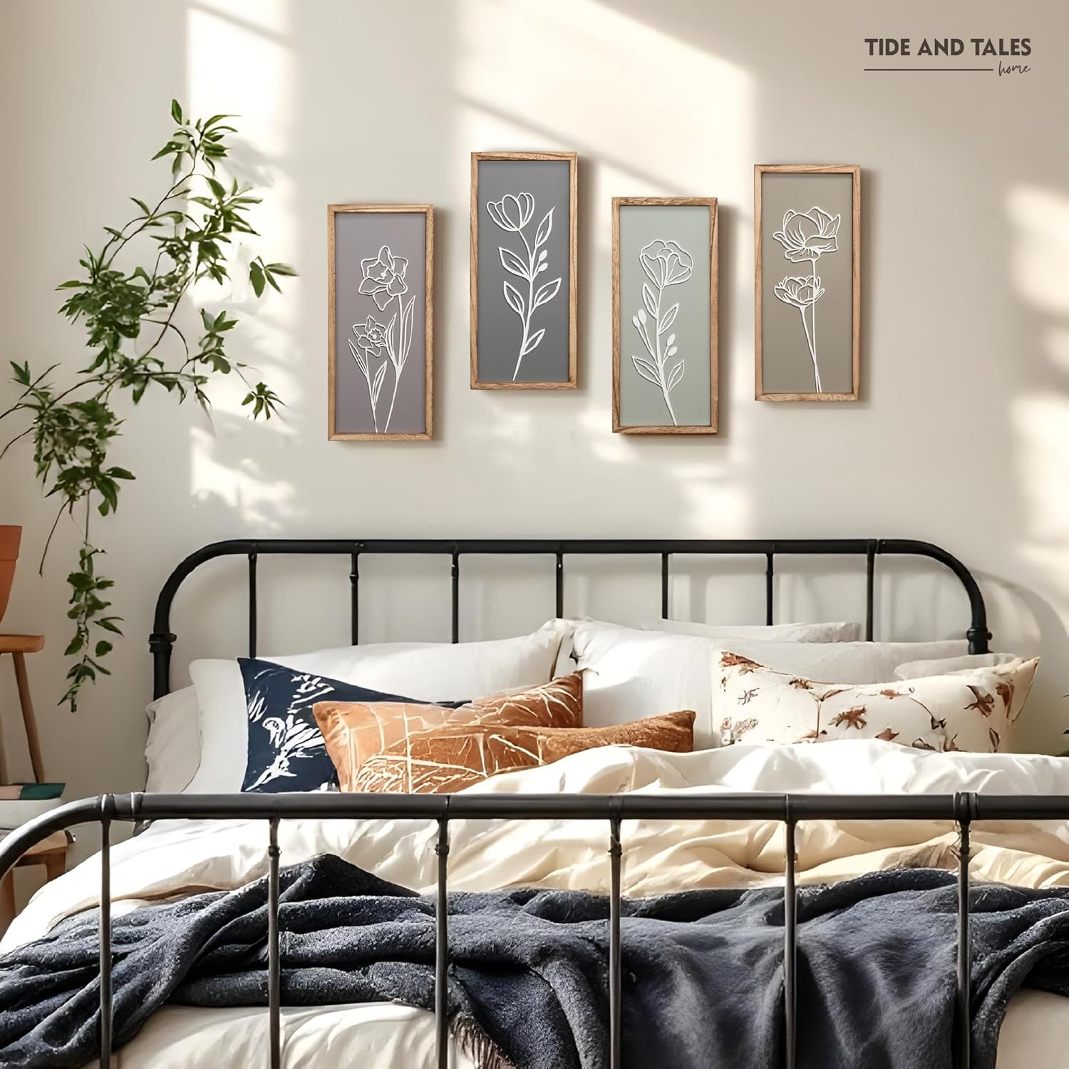 Set of four 3D wooden floral wall sculptures in warm earth tones with frame, ready-to-hang boho botanical wall art — view 4