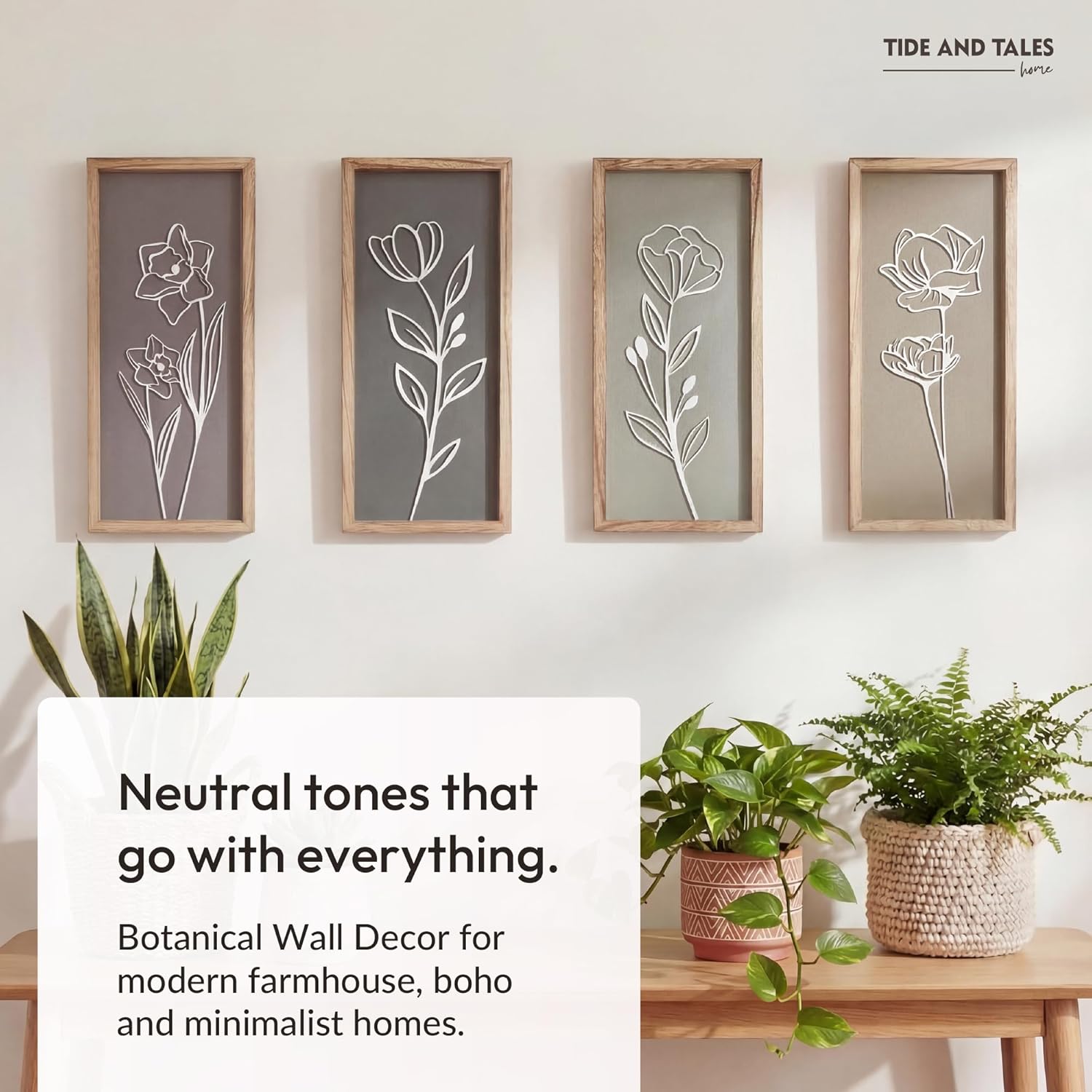 Set of four 3D wooden floral wall sculptures in warm earth tones with frame, ready-to-hang boho botanical wall art — view 5