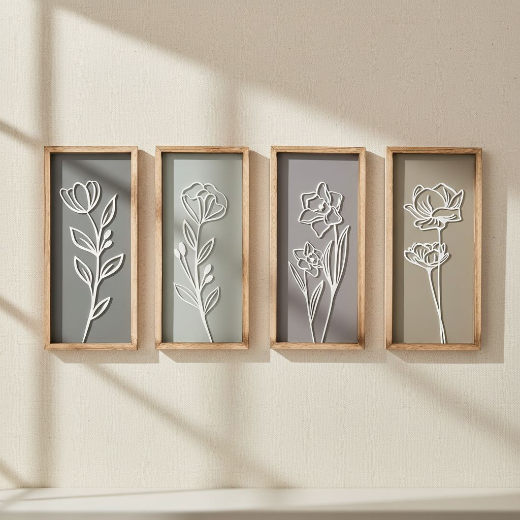 Set of four 3D wooden floral wall sculptures in warm earth tones with frame, ready-to-hang boho botanical wall art — hero view 1