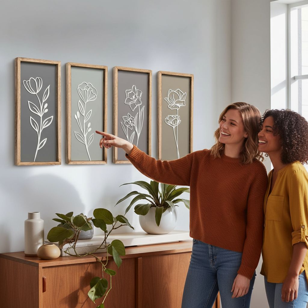 Set of four 3D wooden floral wall sculptures in warm earth tones with frame, ready-to-hang boho botanical wall art — view 2
