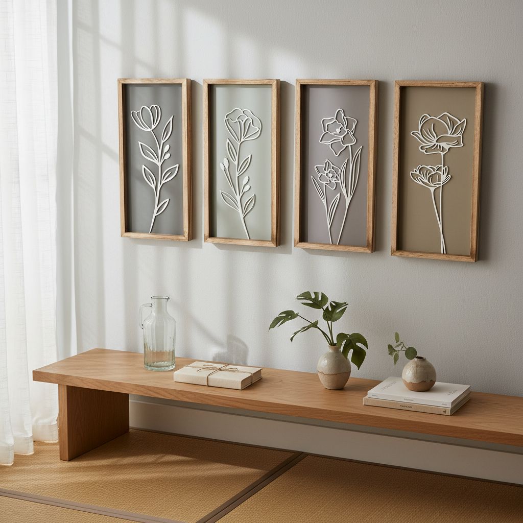 Set of four 3D wooden floral wall sculptures in warm earth tones with frame, ready-to-hang boho botanical wall art — view 3a