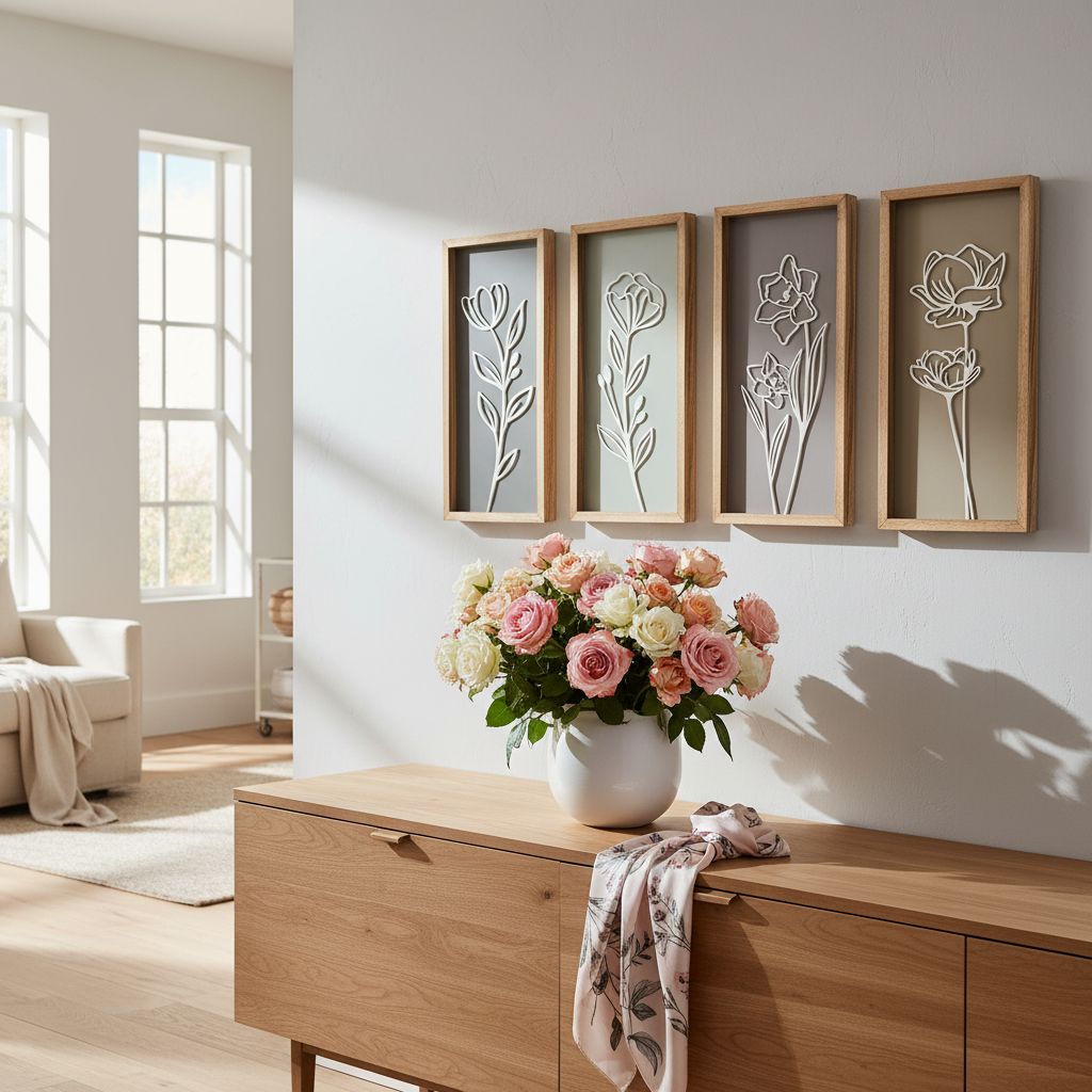 Set of four 3D wooden floral wall sculptures in warm earth tones with frame, ready-to-hang boho botanical wall art — view 4