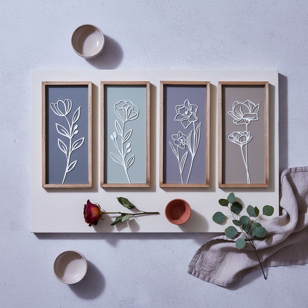 Set of four 3D wooden floral wall sculptures in warm earth tones with frame, ready-to-hang boho botanical wall art — hero view 2