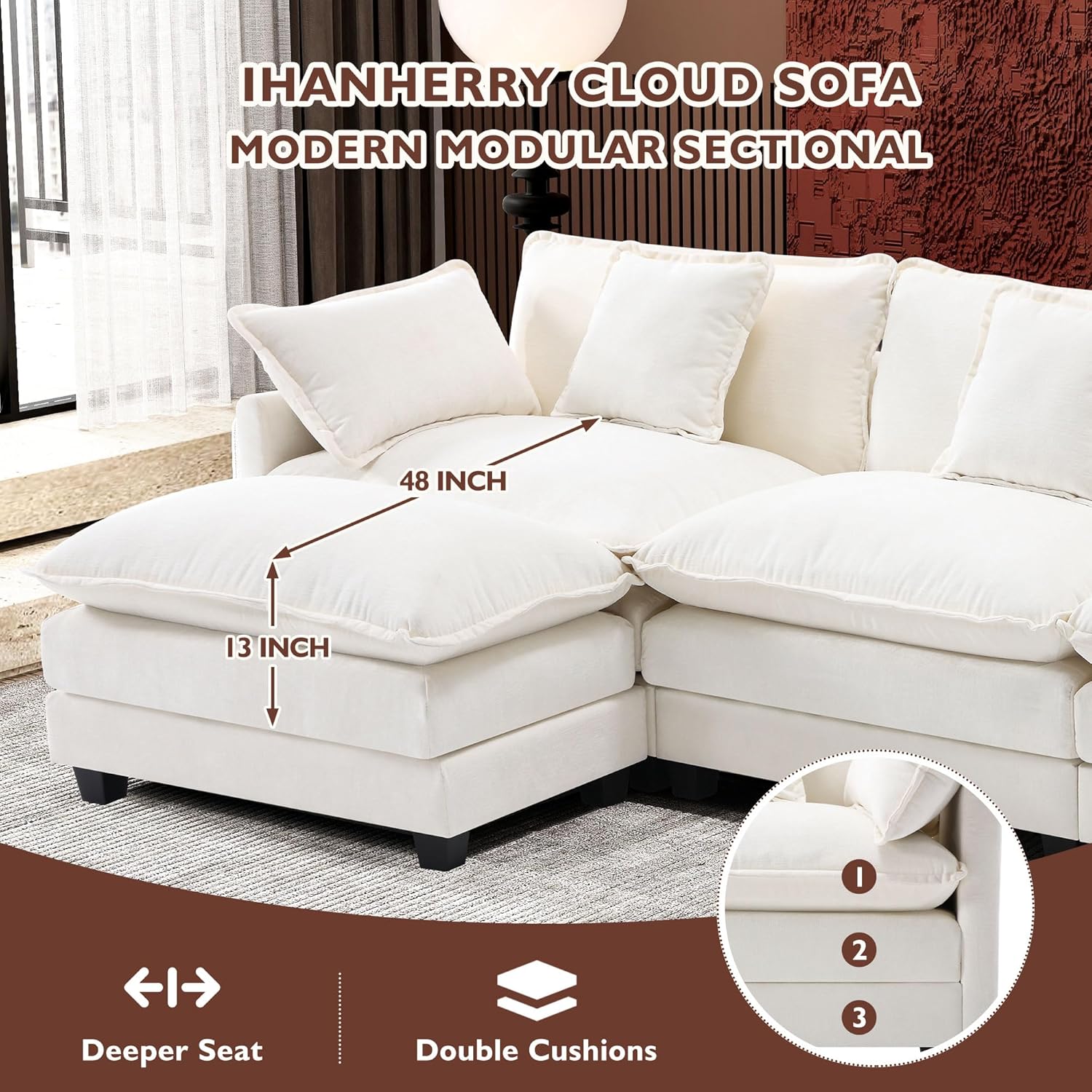 [Color] chenille L-shaped sectional sofa with cushioned ottoman and throw pillows, shown in modern living room setting — view 2