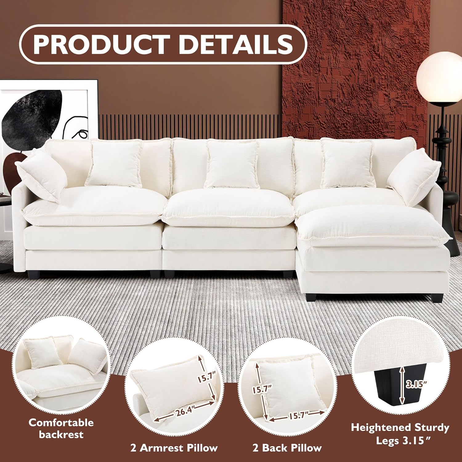 [Color] chenille L-shaped sectional sofa with cushioned ottoman and throw pillows, shown in modern living room setting — view 3