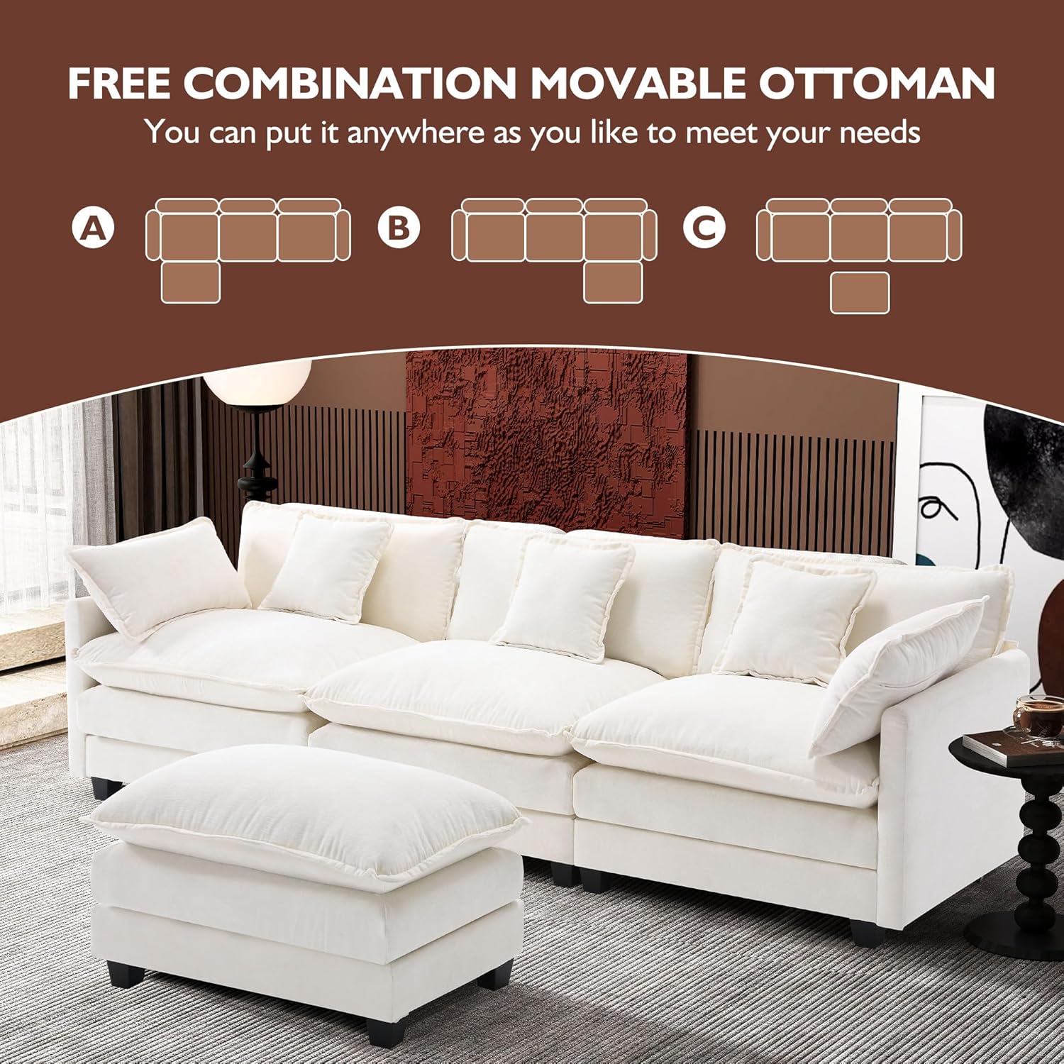 [Color] chenille L-shaped sectional sofa with cushioned ottoman and throw pillows, shown in modern living room setting — view 2
