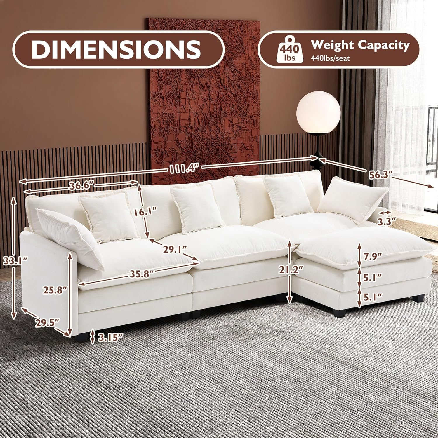 [Color] chenille L-shaped sectional sofa with cushioned ottoman and throw pillows, shown in modern living room setting — view 3
