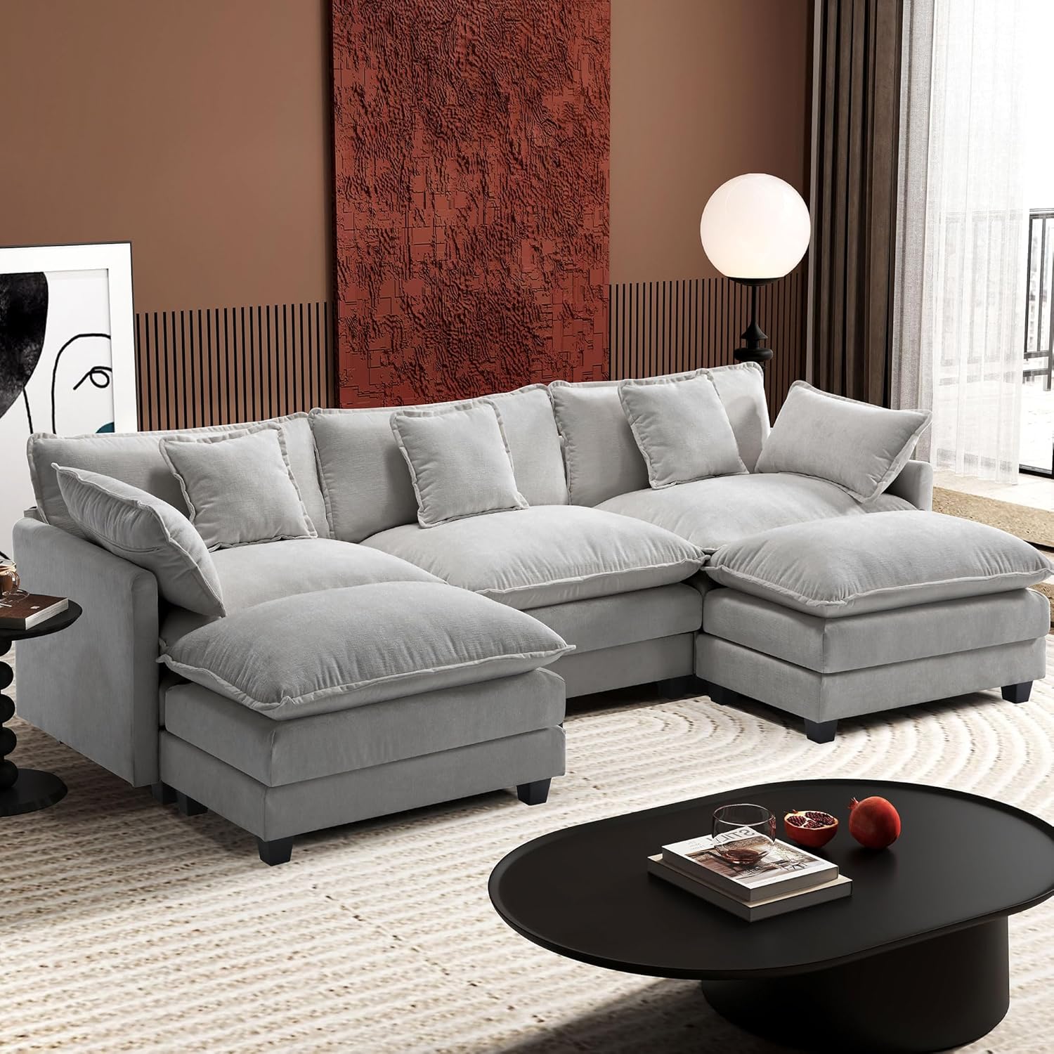[Color] chenille L-shaped sectional sofa with cushioned ottoman and throw pillows, shown in modern living room setting — view 5