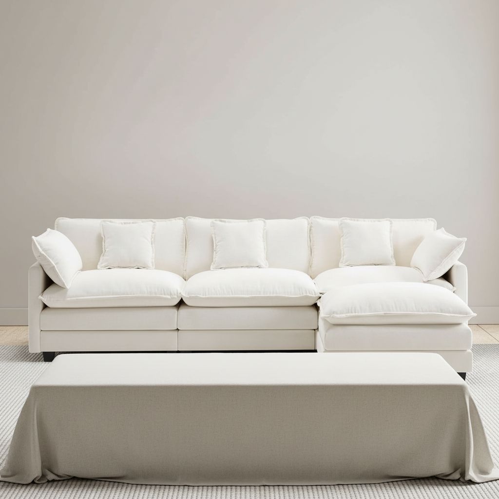 [Color] chenille L-shaped sectional sofa with cushioned ottoman and throw pillows, shown in modern living room setting — hero view 1
