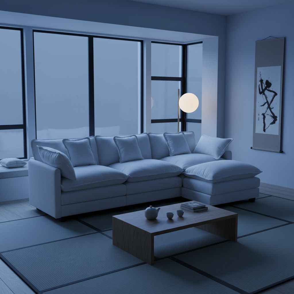 [Color] chenille L-shaped sectional sofa with cushioned ottoman and throw pillows, shown in modern living room setting — view 5b