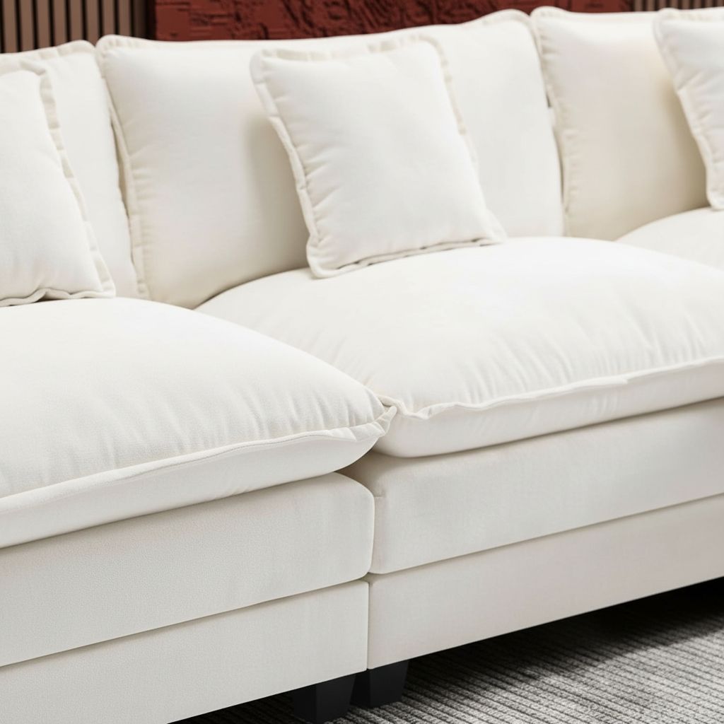 [Color] chenille L-shaped sectional sofa with cushioned ottoman and throw pillows, shown in modern living room setting — view 7