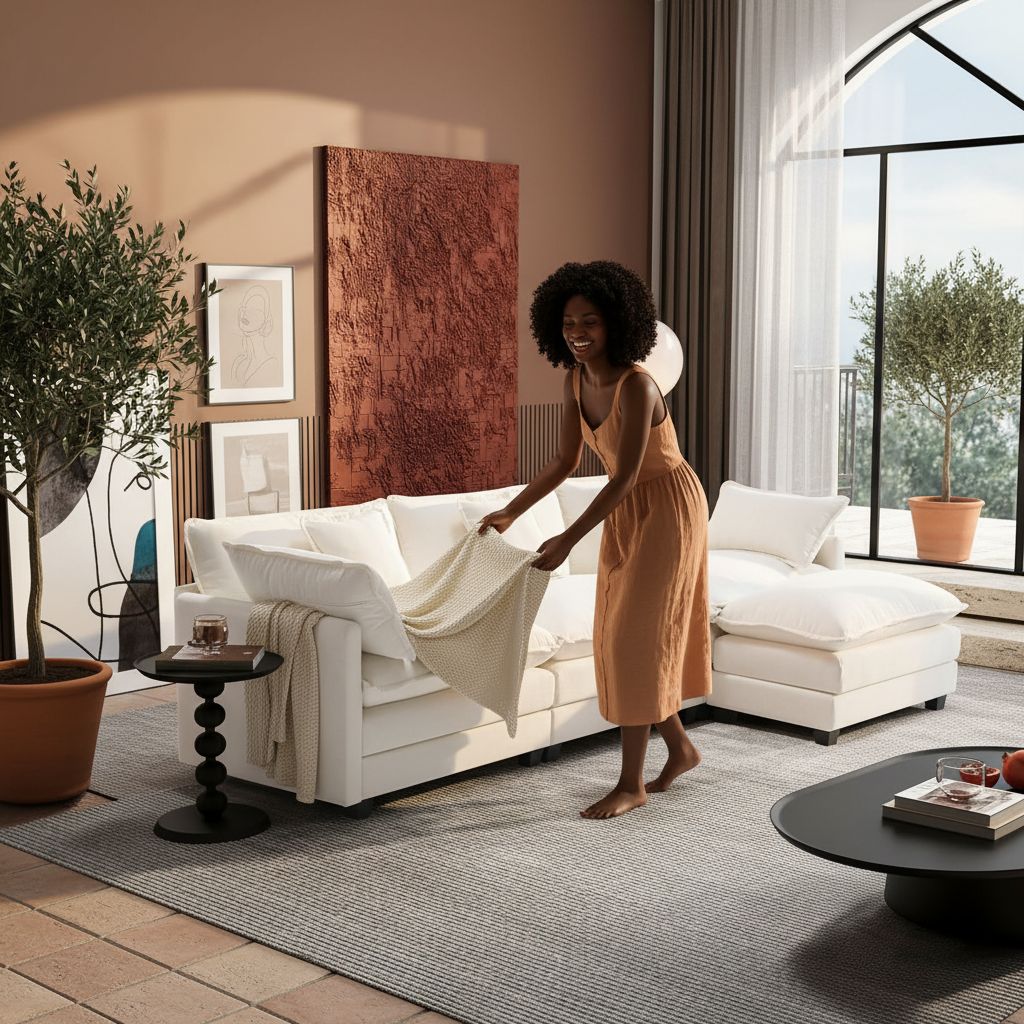 [Color] chenille L-shaped sectional sofa with cushioned ottoman and throw pillows, shown in modern living room setting — view 2