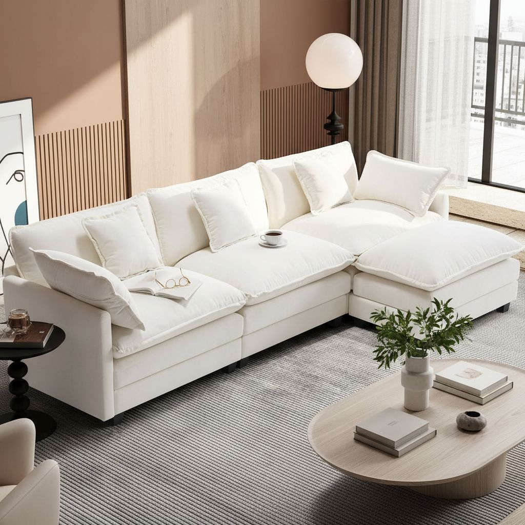 [Color] chenille L-shaped sectional sofa with cushioned ottoman and throw pillows, shown in modern living room setting — view 3a