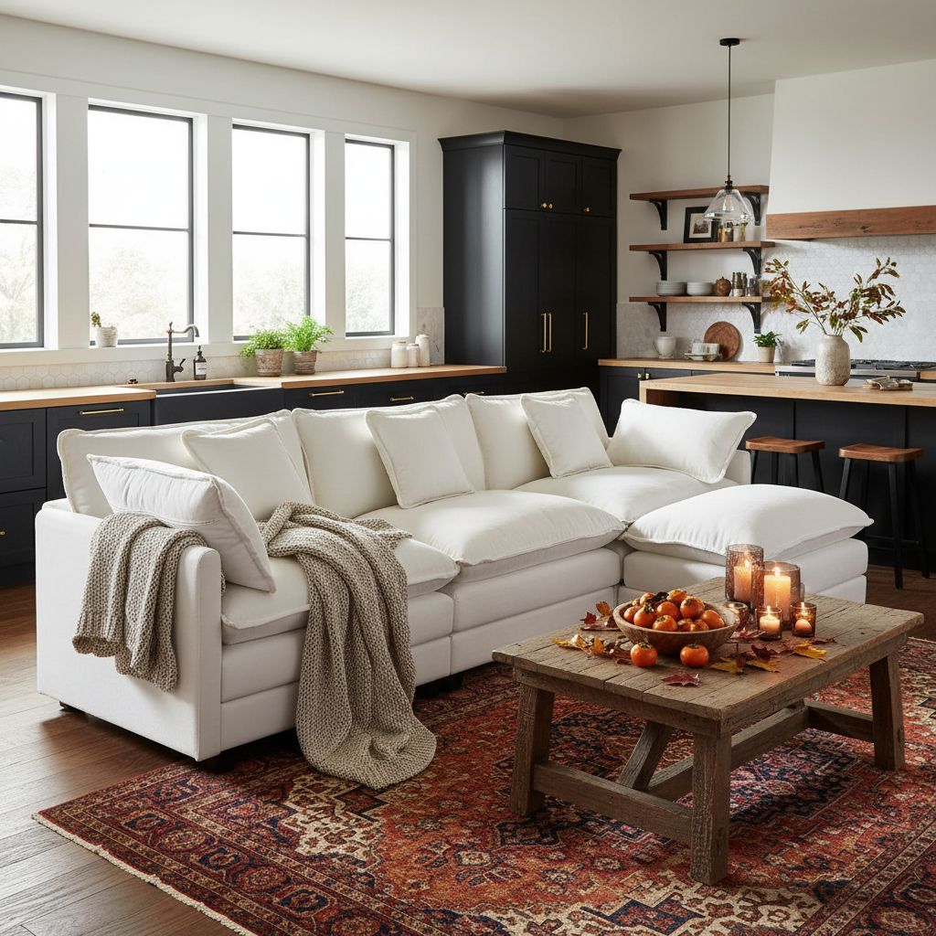 [Color] chenille L-shaped sectional sofa with cushioned ottoman and throw pillows, shown in modern living room setting — view 4