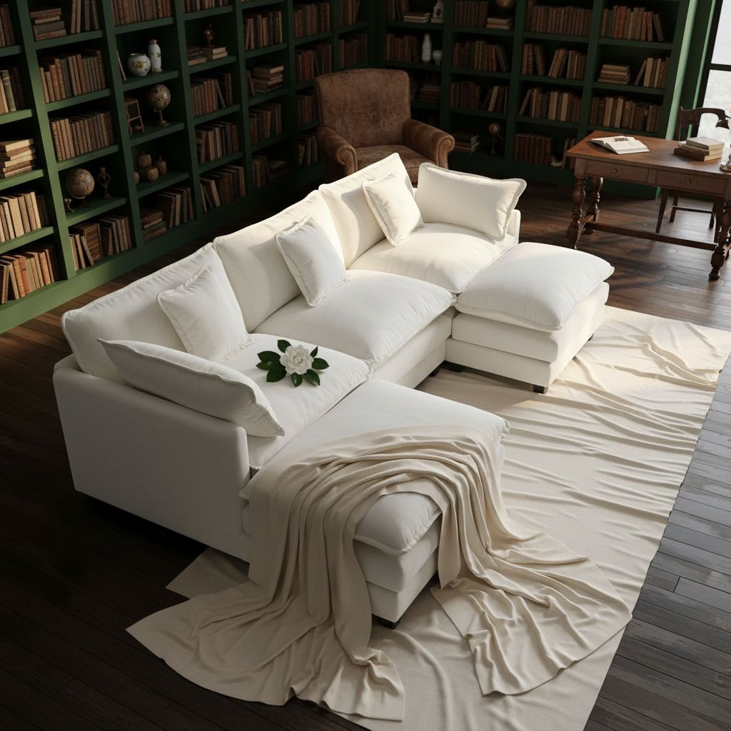 [Color] chenille L-shaped sectional sofa with cushioned ottoman and throw pillows, shown in modern living room setting — view 5a