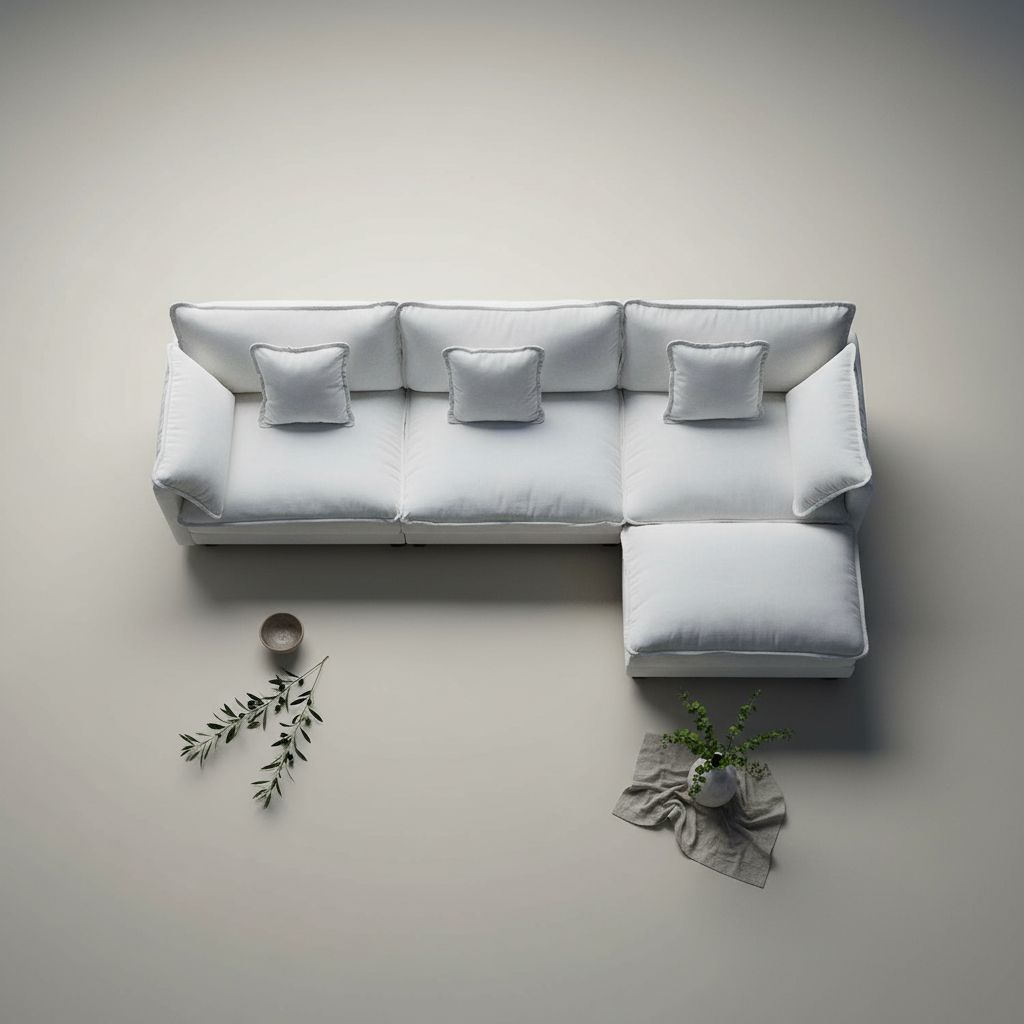 [Color] chenille L-shaped sectional sofa with cushioned ottoman and throw pillows, shown in modern living room setting — hero view 2