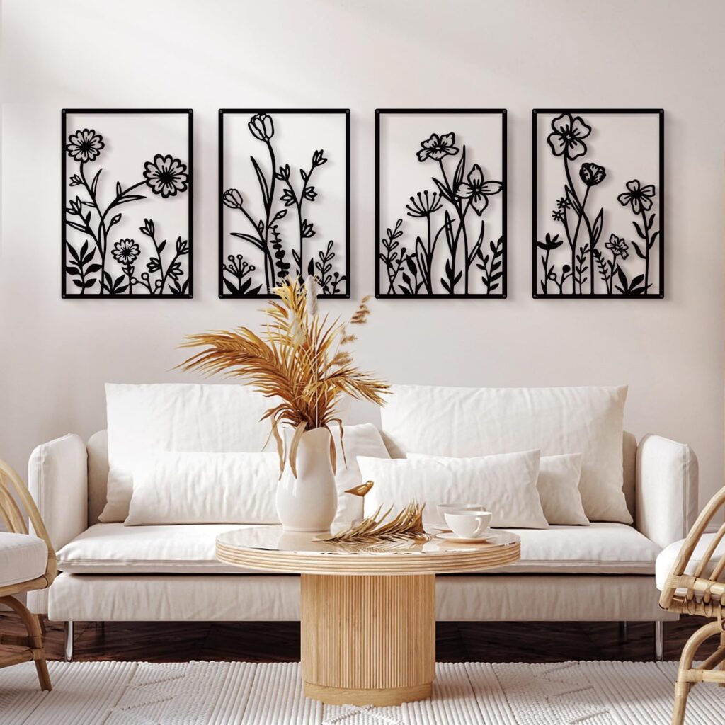 Minimalist Black Metal Flower Wall Art for Living Room