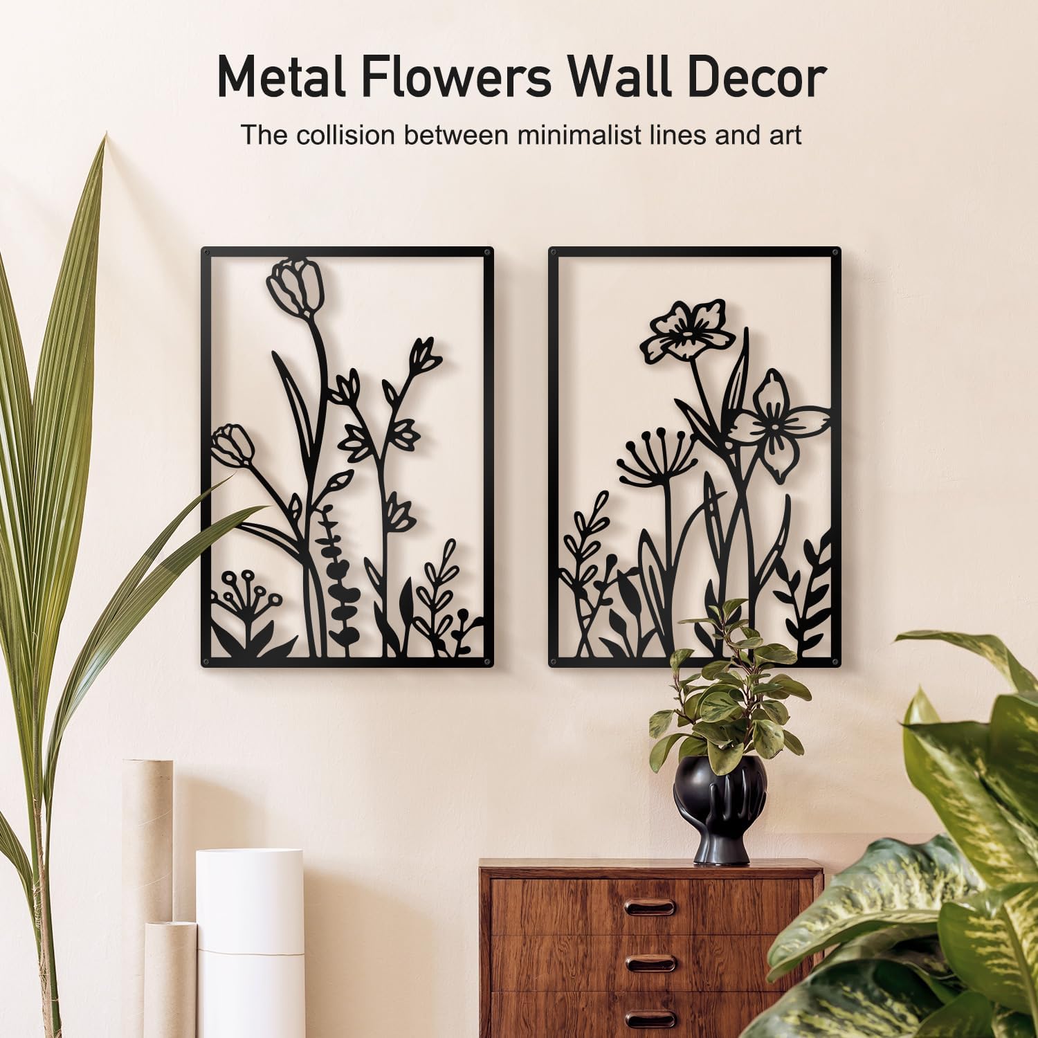 Black metal minimalist flower wall sculpture, {form_factor}, {dimension}, mounted on {wall_color} wall — view 2